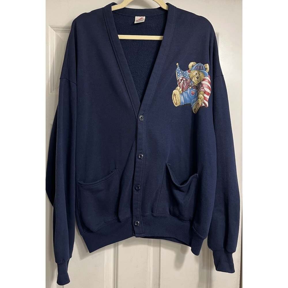VTG 90s One Size Unisex Cardigan Sweater USA Bear July 4th Grandmacore Flaw